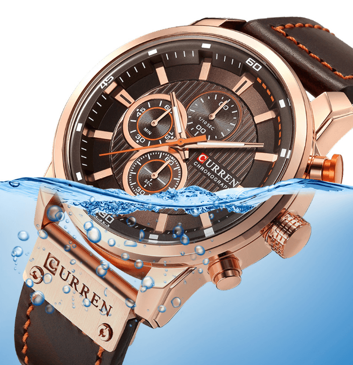 Men's Curren chronograph watch with rose gold case, leather strap, hardlex glass, waterproof on Tampa Home & Garden Store
