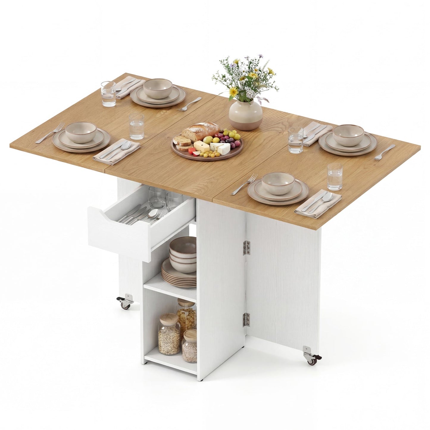 47.5 Inch Farmhouse Extendable Wooden Dinner Table with Lockable Wheels