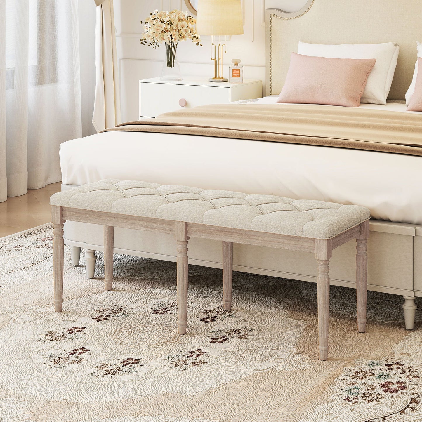 47.5 Inch Upholstered Bench with Carved Rubber Wood Legs and Padded Seat-Beige