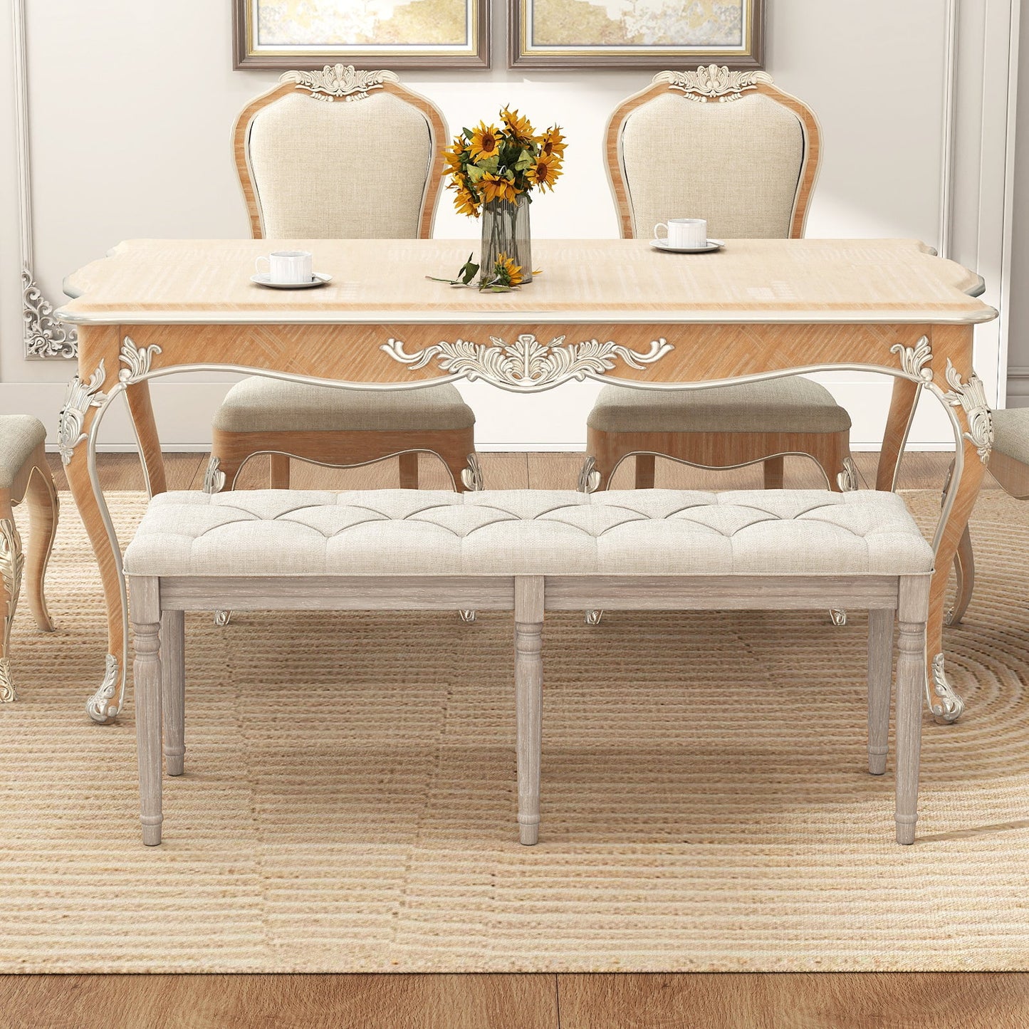 47.5 Inch Upholstered Bench with Carved Rubber Wood Legs and Padded Seat-Beige