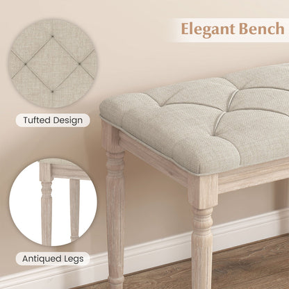 47.5 Inch Upholstered Bench with Carved Rubber Wood Legs and Padded Seat-Beige