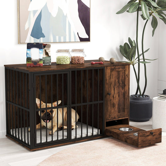 47.5 inch Dog Crate Furniture with Hidden Pull-out Bowls in Drawer for Small and Medium Dogs-Rustic Brown - Tampa Home & Garden Store