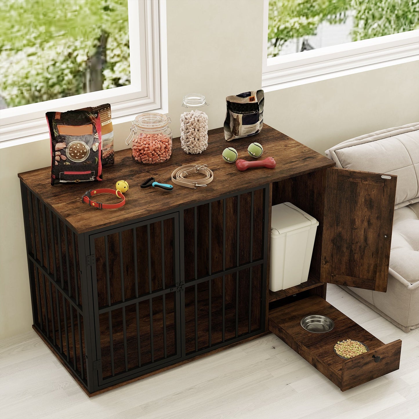 47.5 inch Dog Crate Furniture with Hidden Pull-out Bowls in Drawer for Small and Medium Dogs-Rustic Brown