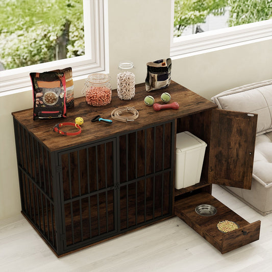 47.5 inch Dog Crate Furniture with Hidden Pull-out Bowls in Drawer for Small and Medium Dogs-Rustic Brown - Tampa Home & Garden Store