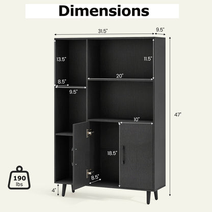 4 Inch Floor Bookshelf with 5 Open Compartments and Storage Cabinet-Black