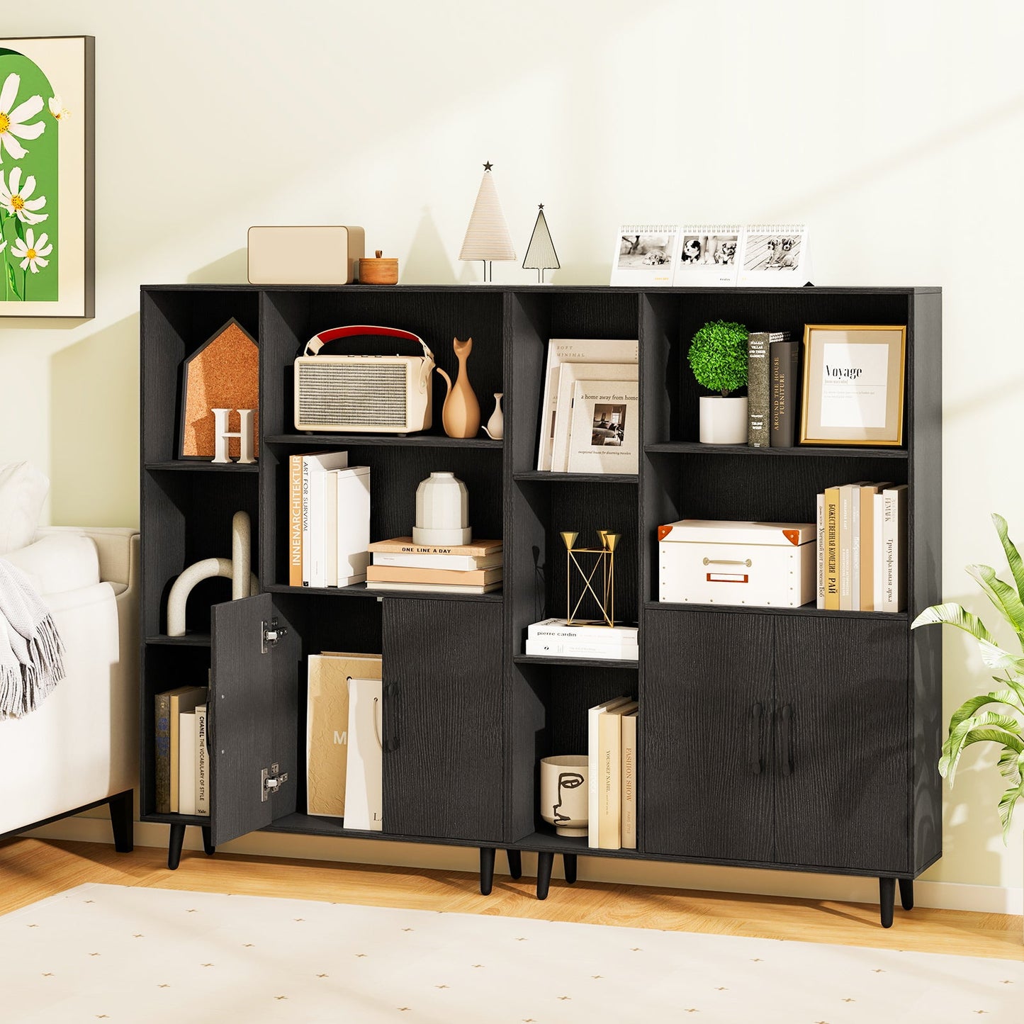 4 Inch Floor Bookshelf with 5 Open Compartments and Storage Cabinet-Black