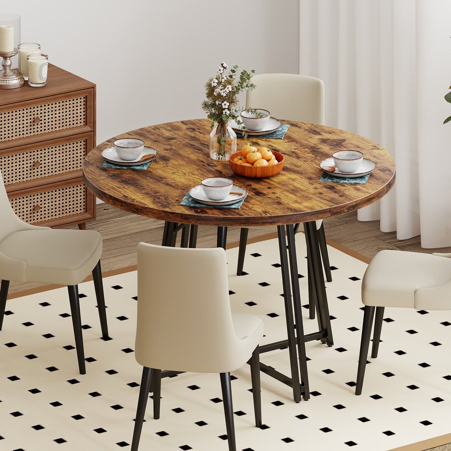 47 Inch Dining Table for 4-6 People Round Kitchen Table with Cross Base