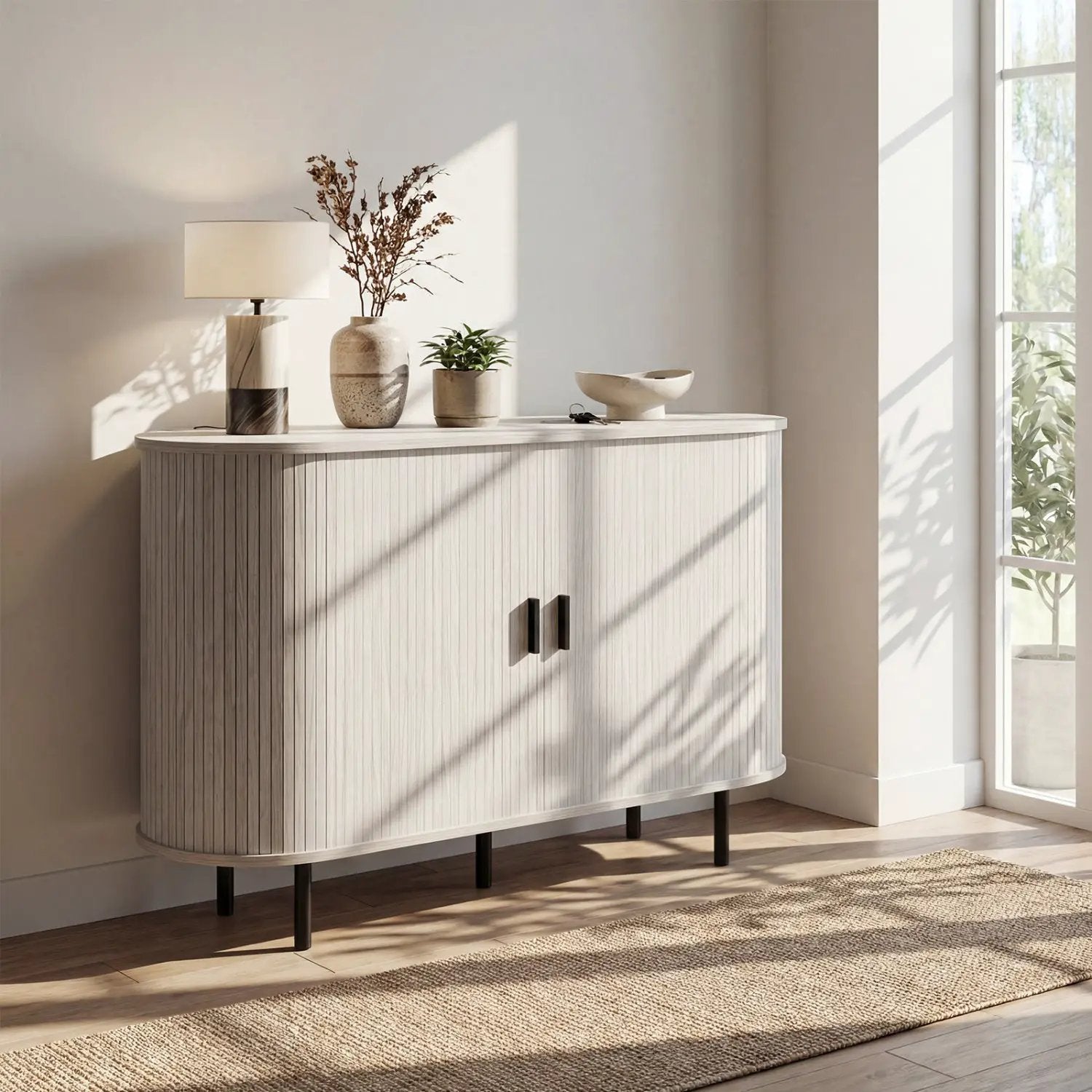 DirectDeals 47-Inch fluted sideboard buffet with tambour doors, whitewashed finish, metal legs on Tampa Home & Garden Store