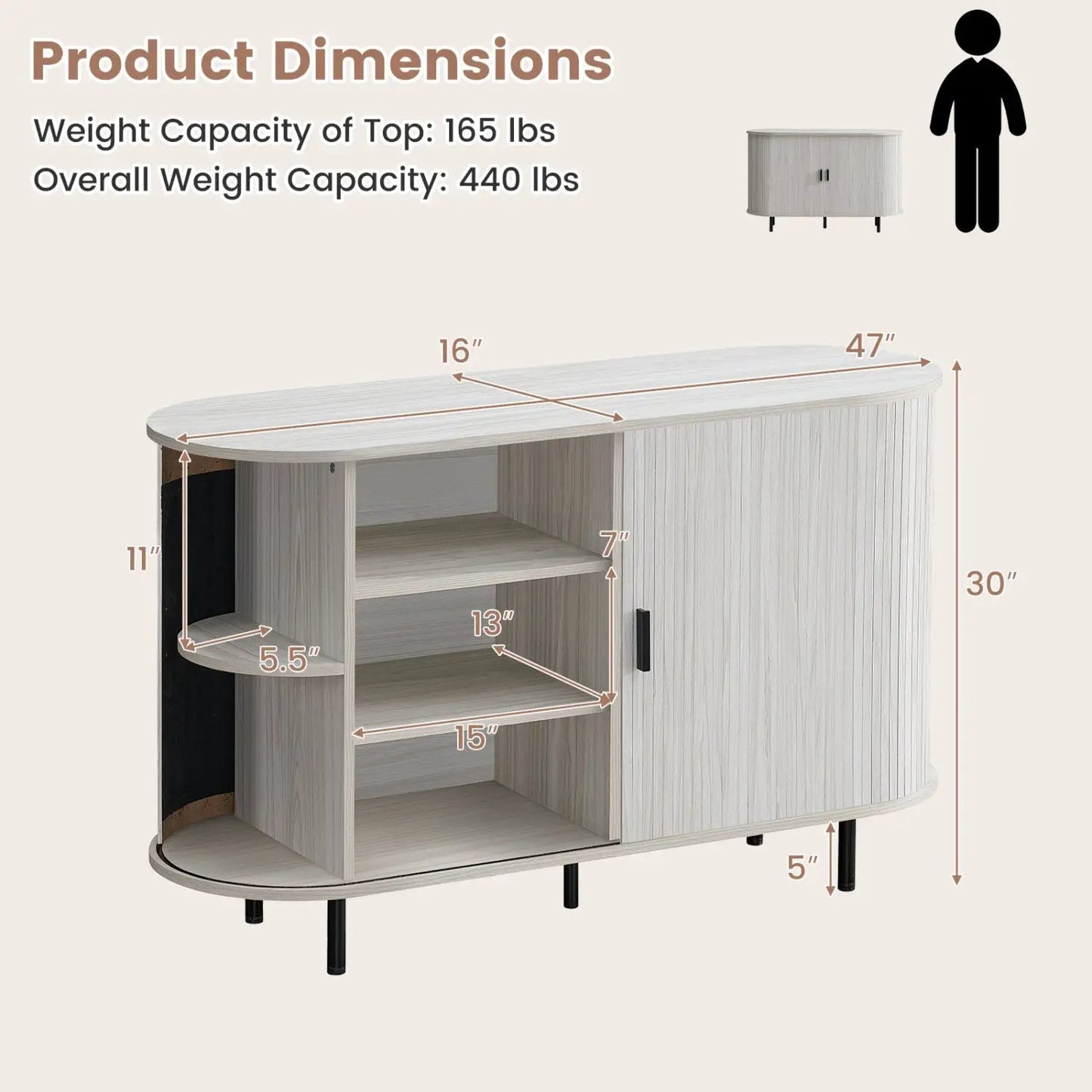 47in fluted sideboard buffet with tambour doors, DirectDeals, light wood finish, metal legs on Tampa Home & Garden Store