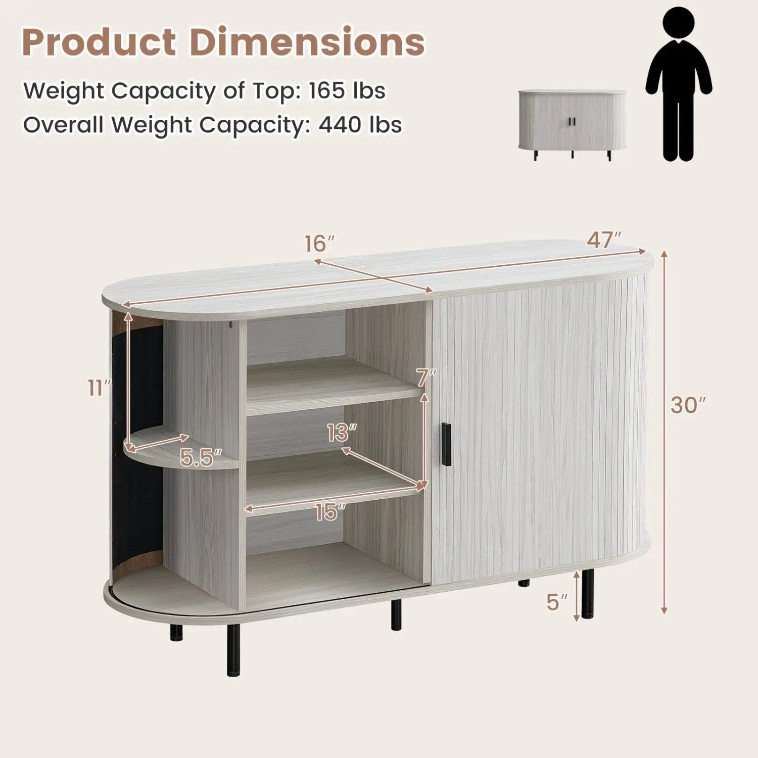 47in fluted sideboard buffet with tambour doors, DirectDeals, light wood finish, metal legs on Tampa Home & Garden Store