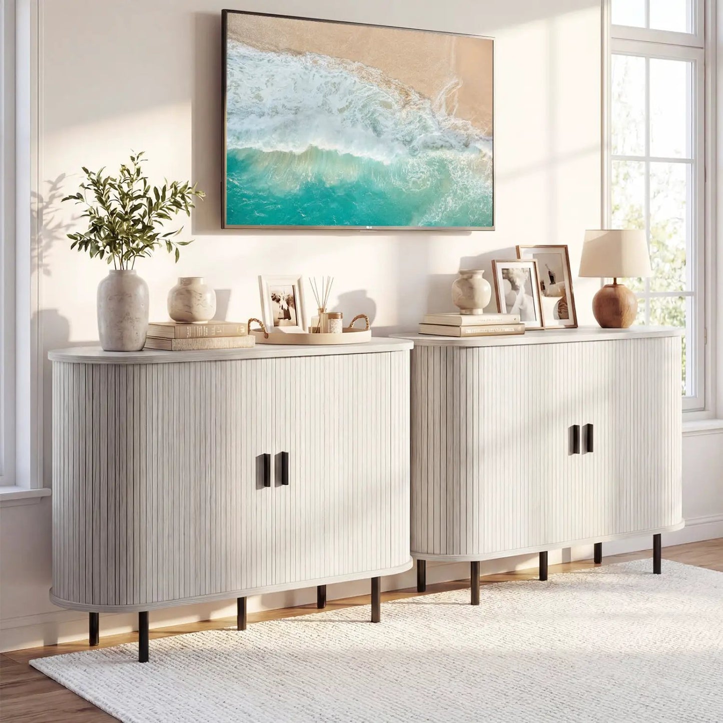 47-inch fluted sideboard buffet with tambour doors and metal legs by DirectDeals in light gray on Tampa Home & Garden Store