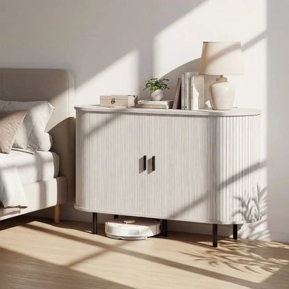 47 Inch Fluted Sideboard Buffet Cabinet by DirectDeals with light gray wood finish and black metal legs on Tampa Home & Garden Store