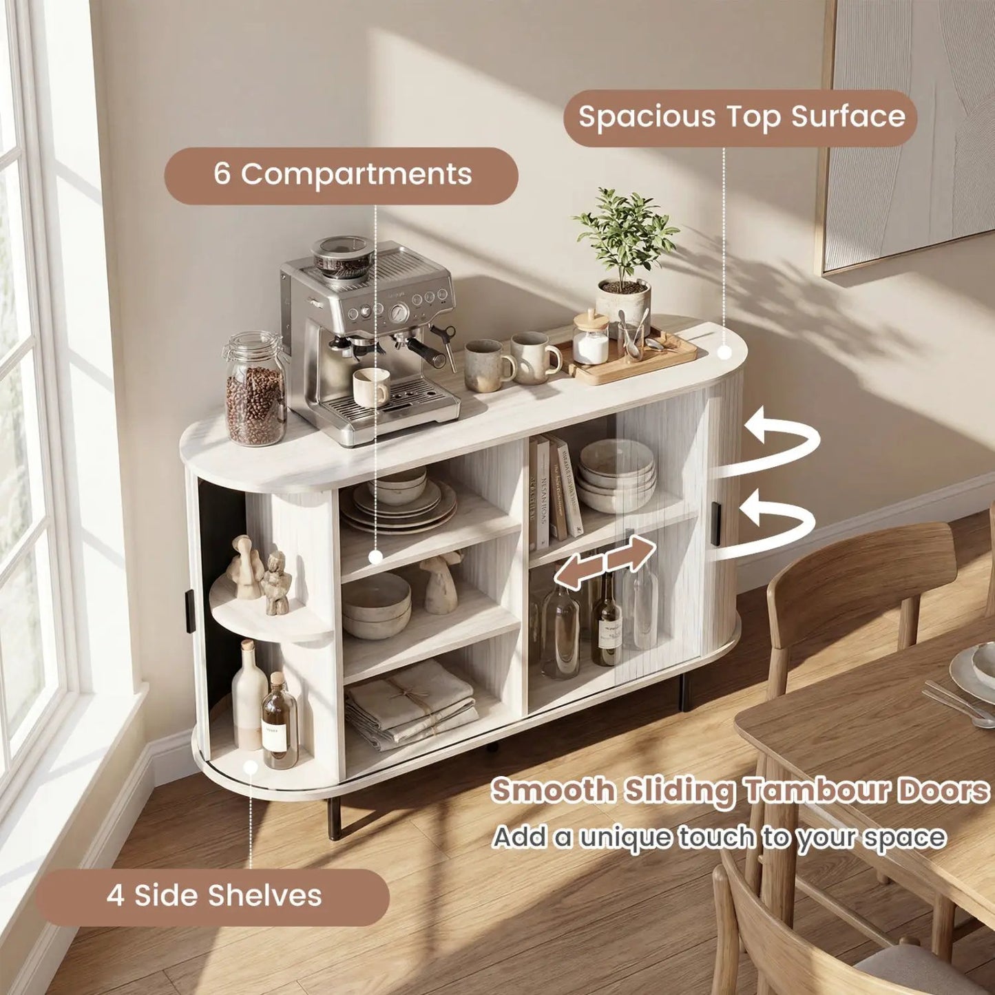 DirectDeals 47-Inch fluted sideboard buffet with tambour doors and metal legs, 6 compartments on Tampa Home & Garden Store
