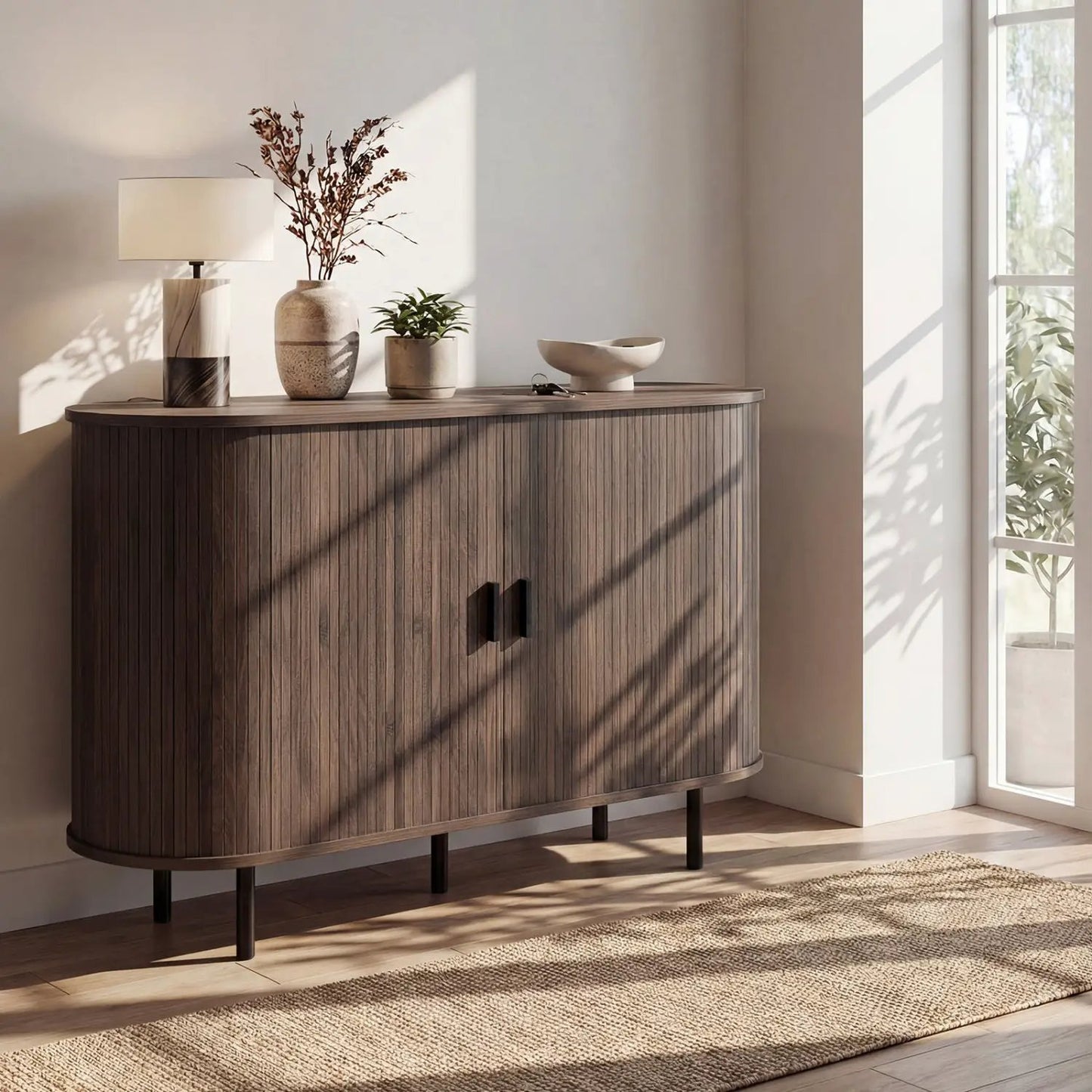 47-Inch fluted sideboard buffet cabinet dark wood with tambour doors and metal legs DirectDeals on Tampa Home & Garden Store