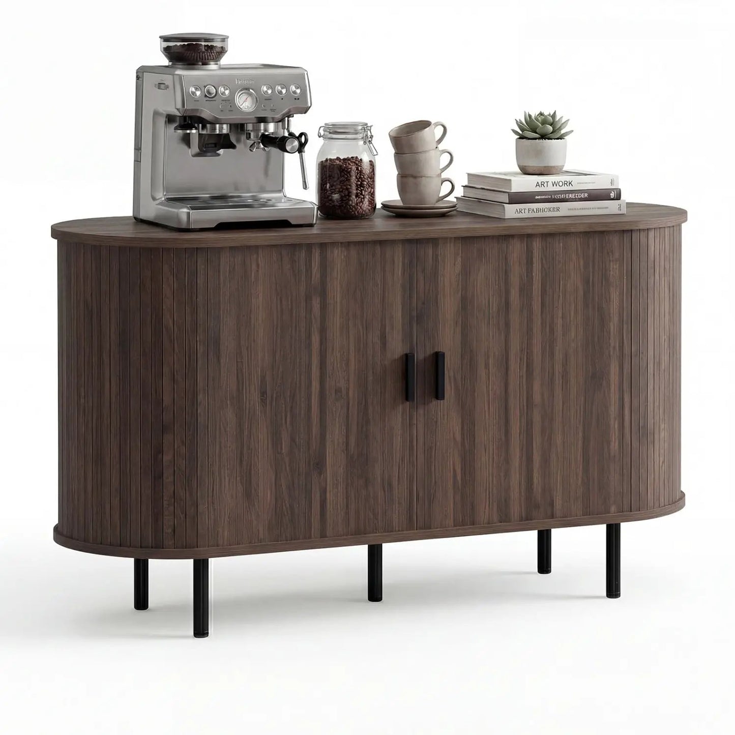 47-inch fluted dark wood sideboard buffet cabinet with curved front and metal legs on Tampa Home & Garden Store
