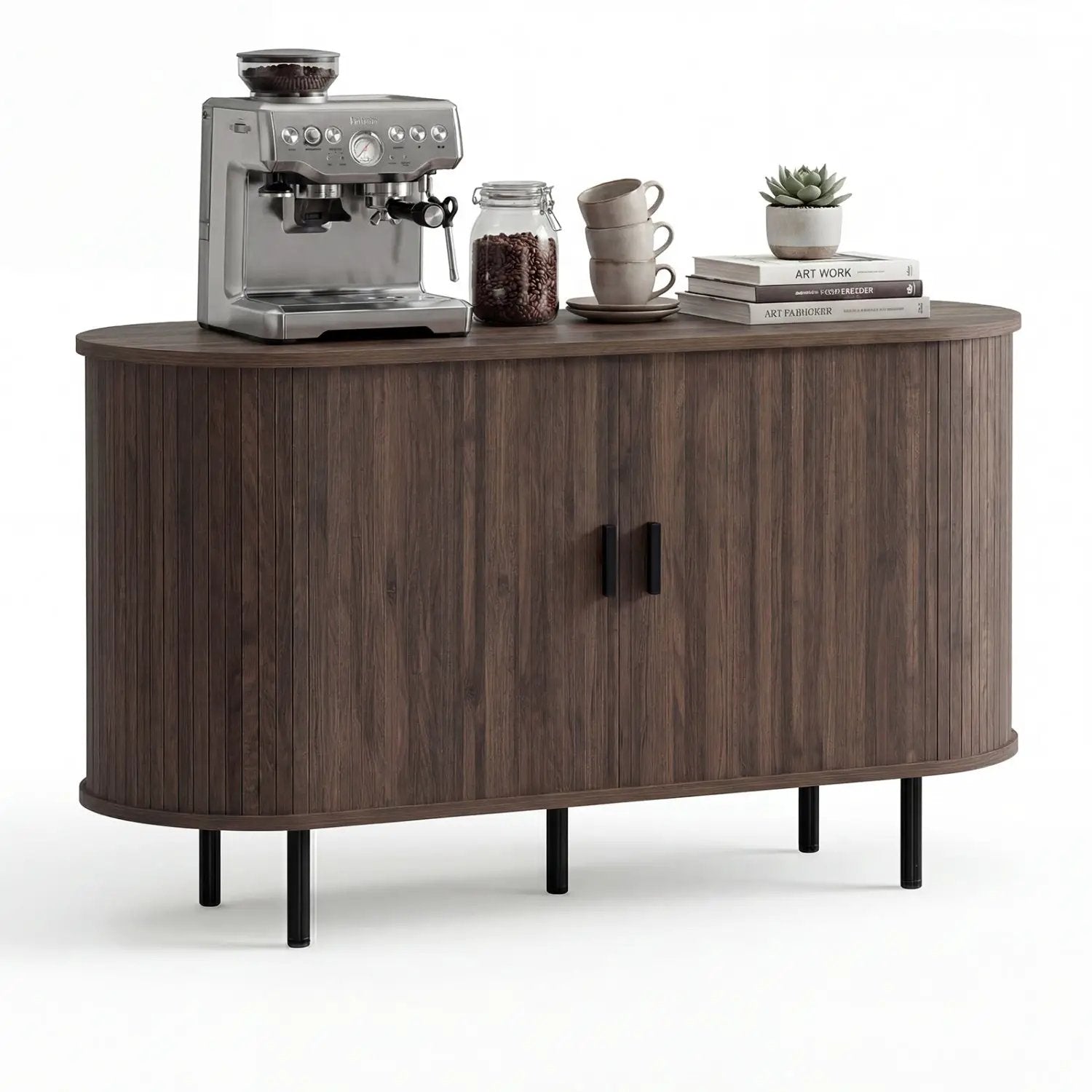 47-inch fluted dark wood sideboard buffet cabinet with curved front and metal legs on Tampa Home & Garden Store