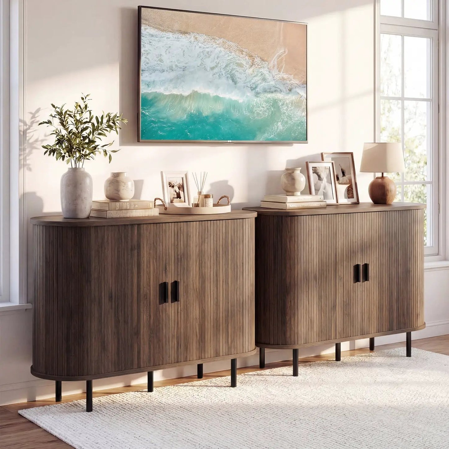47-Inch Fluted Sideboard Buffet with Tambour Doors in dark wood, metal legs, set of 2 on Tampa Home & Garden Store