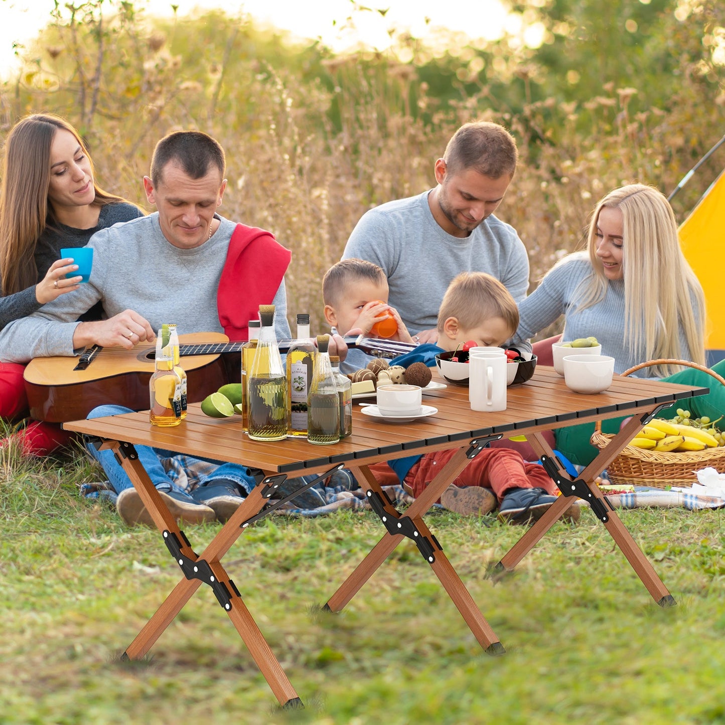 Mesa de camping plegable de aluminio ligero con vetas de madera-L
