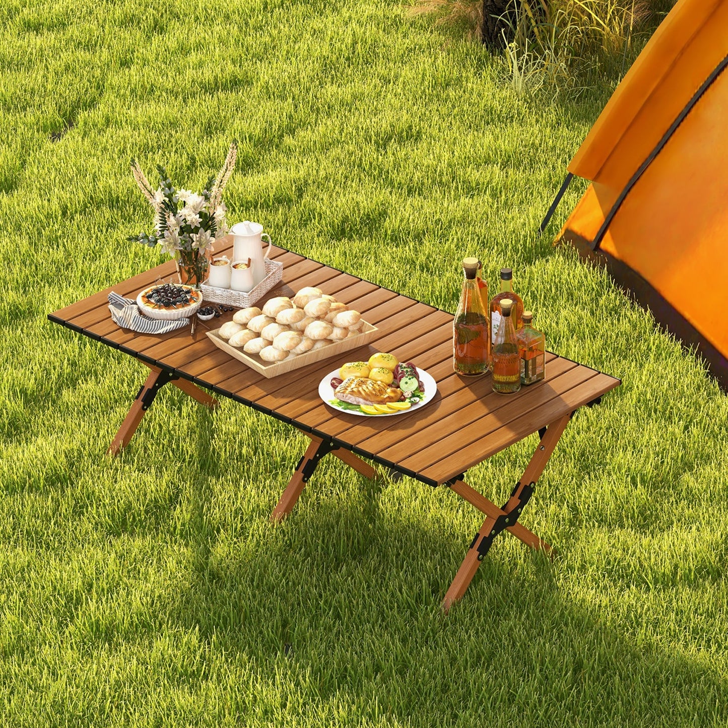 Mesa de camping plegable de aluminio ligero con vetas de madera-L