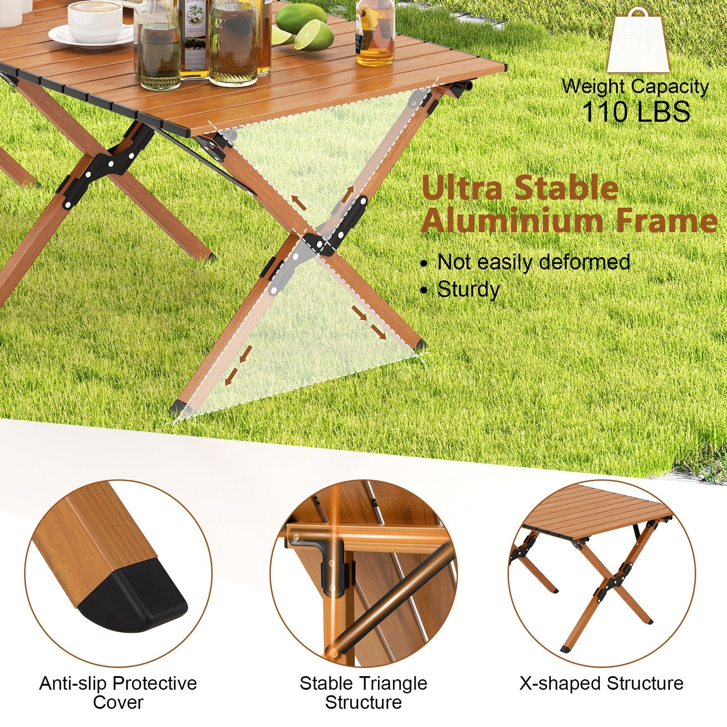 Mesa de camping plegable de aluminio ligero con vetas de madera-L