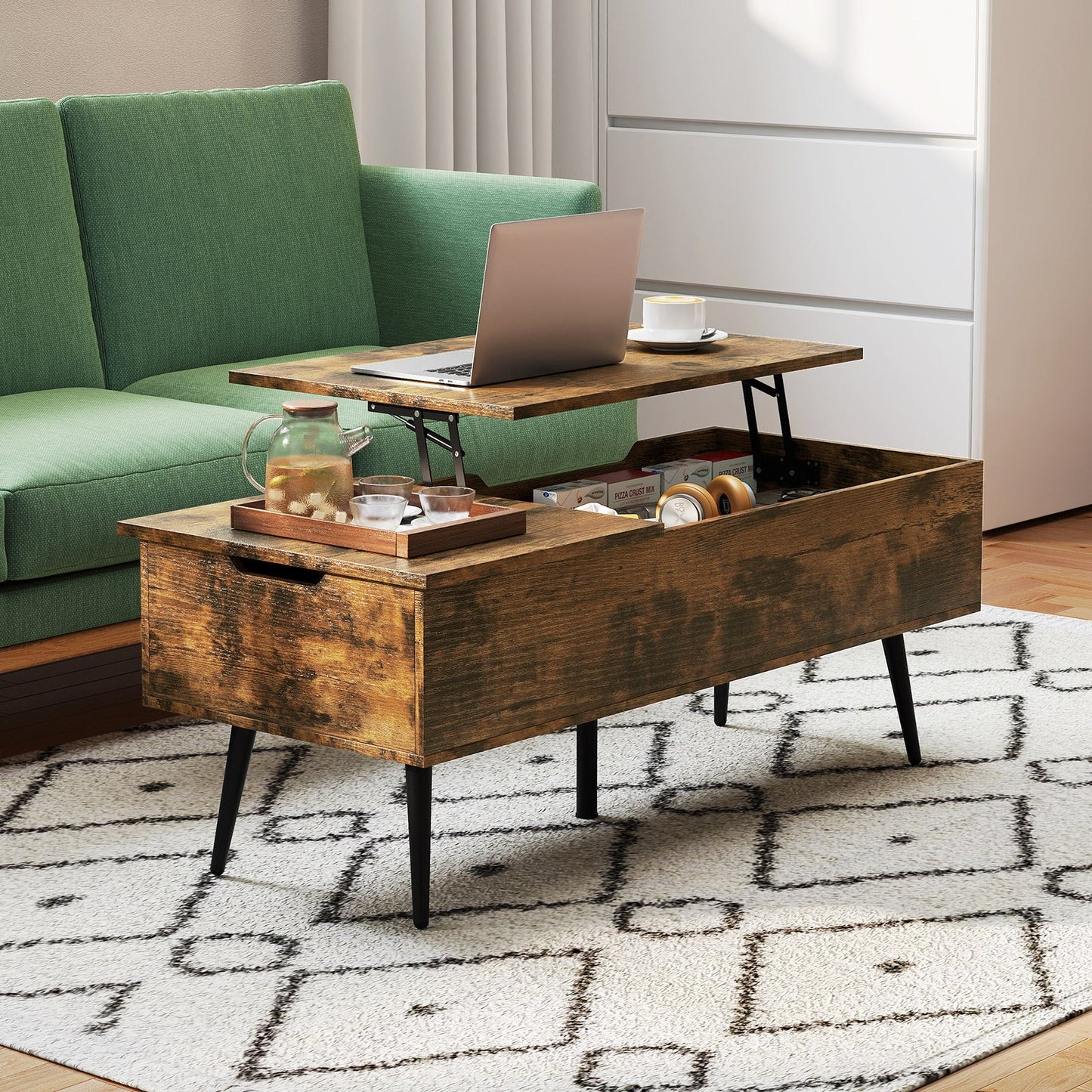 Mesa de centro elevable de 47 pulgadas con 2 compartimentos ocultos - Café