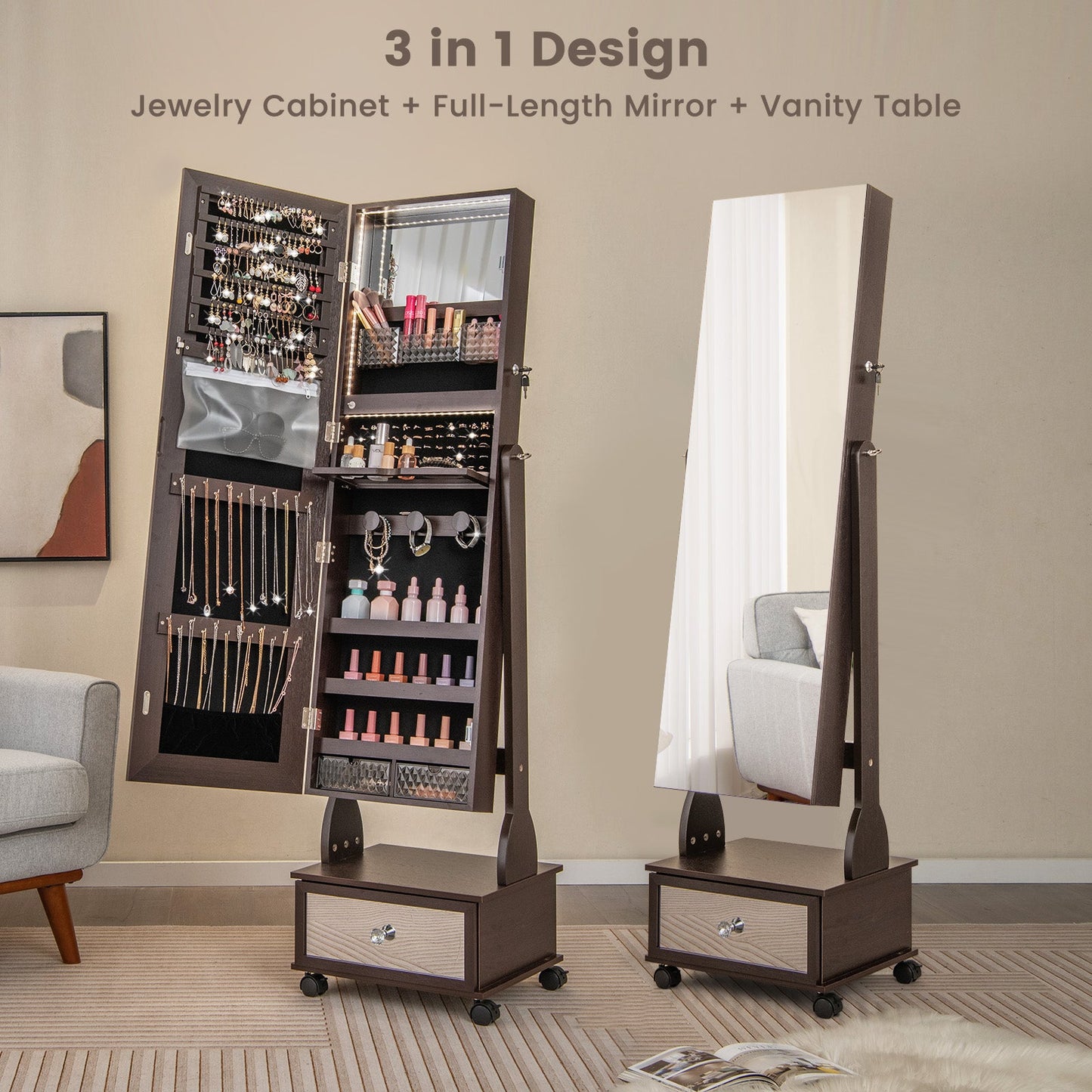 47 Inch Lockable Jewelry Cabinet Armoire with 3-Color LED Lights-Brown