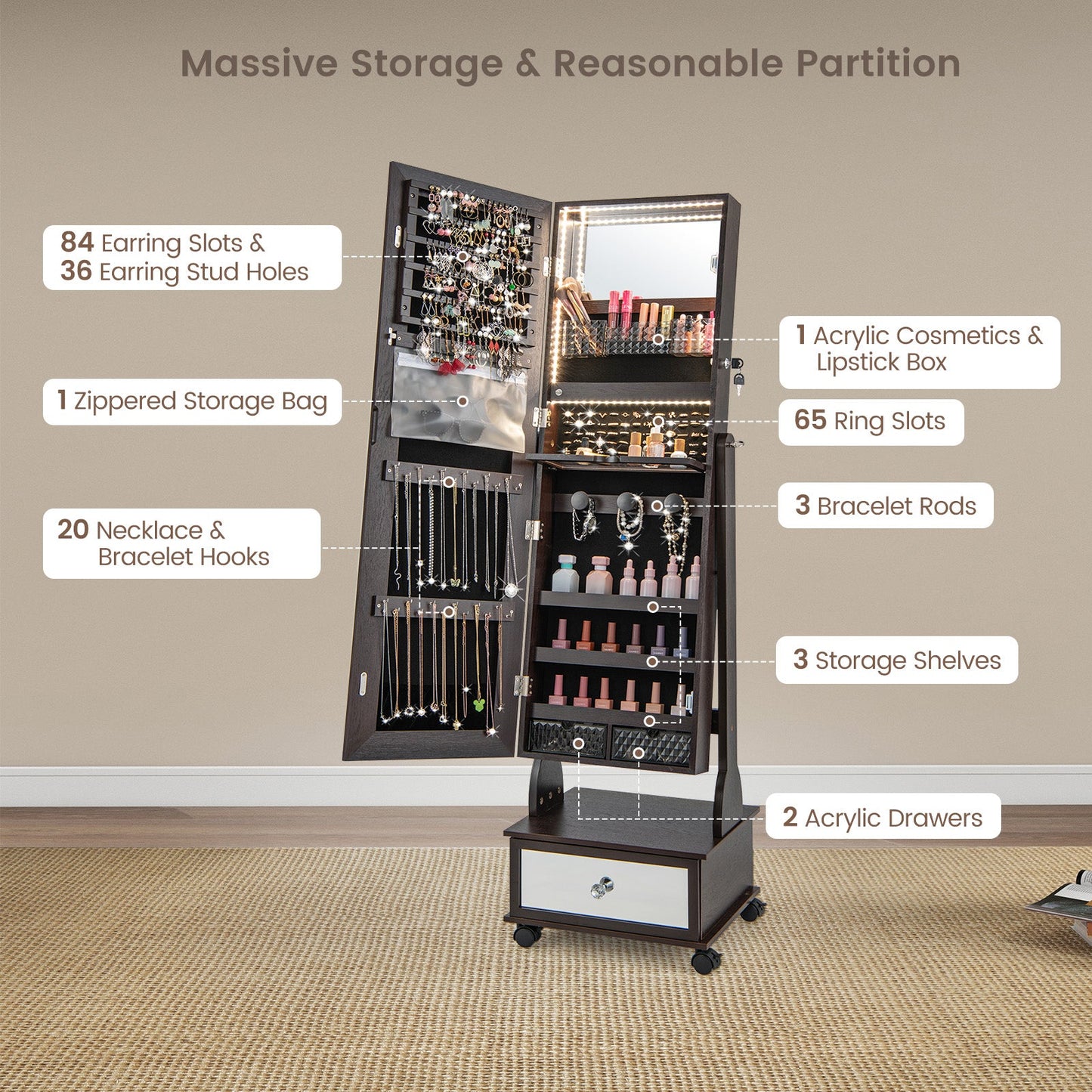 47 Inch Lockable Jewelry Cabinet Armoire with 3-Color LED Lights-Brown