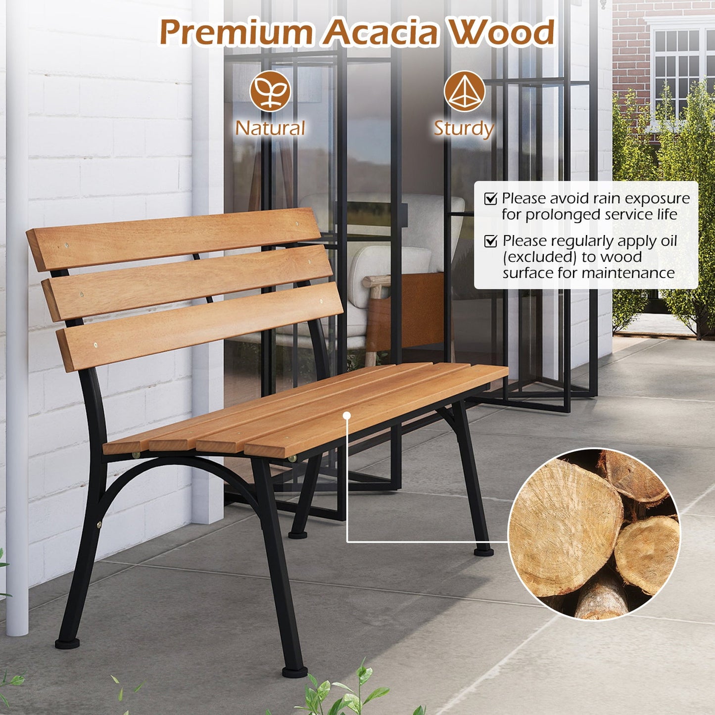 47 Inch Outdoor Acacia Wood Bench with Metal Frame and Slatted Seat