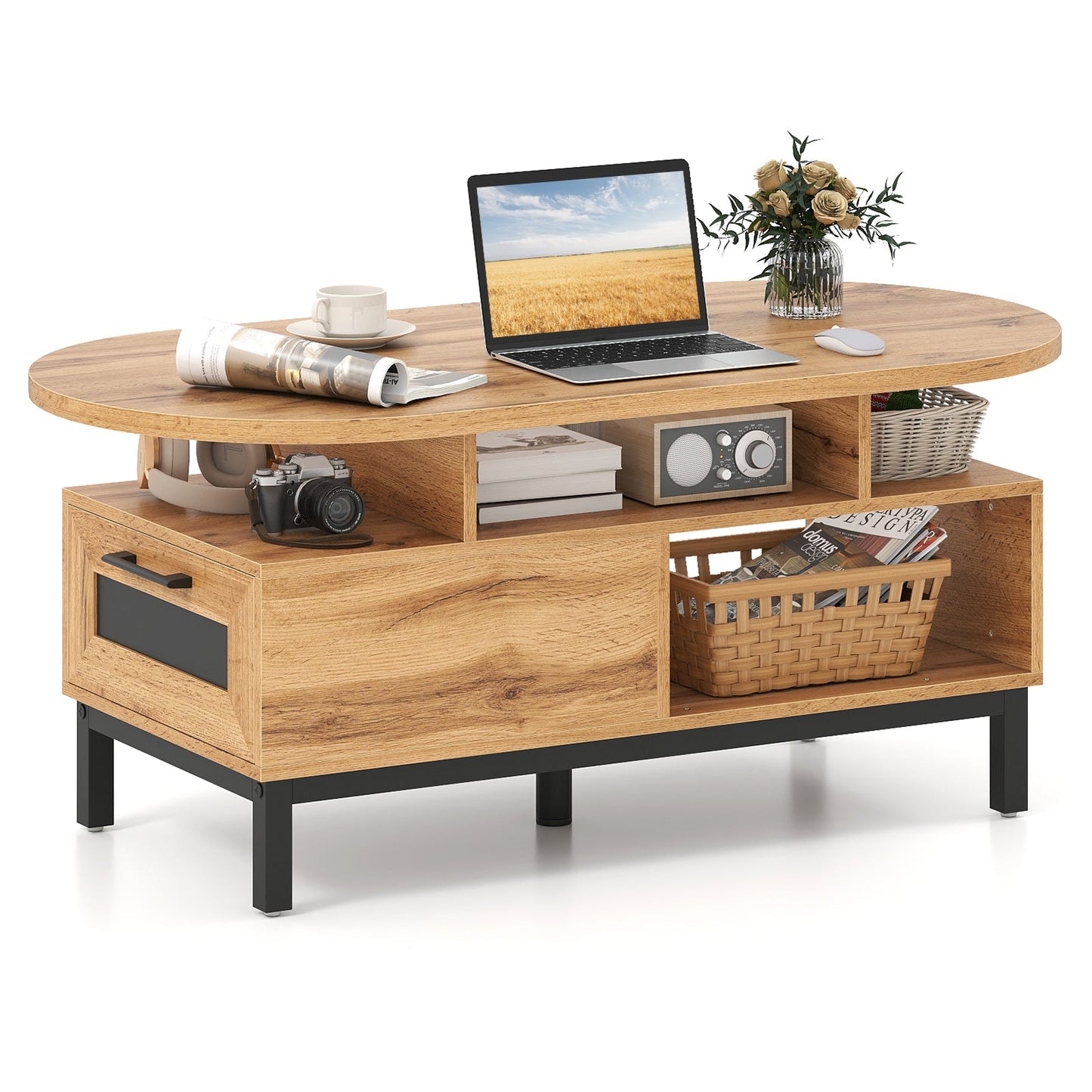 47 Inch Oval Coffee Table with Storage and Open Compartments for Living Room