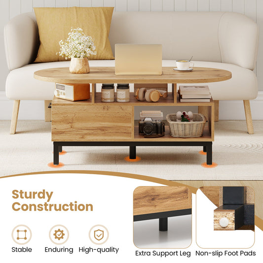 47 Inch Oval Coffee Table with Storage and Open Compartments for Living Room - Tampa Home & Garden Store