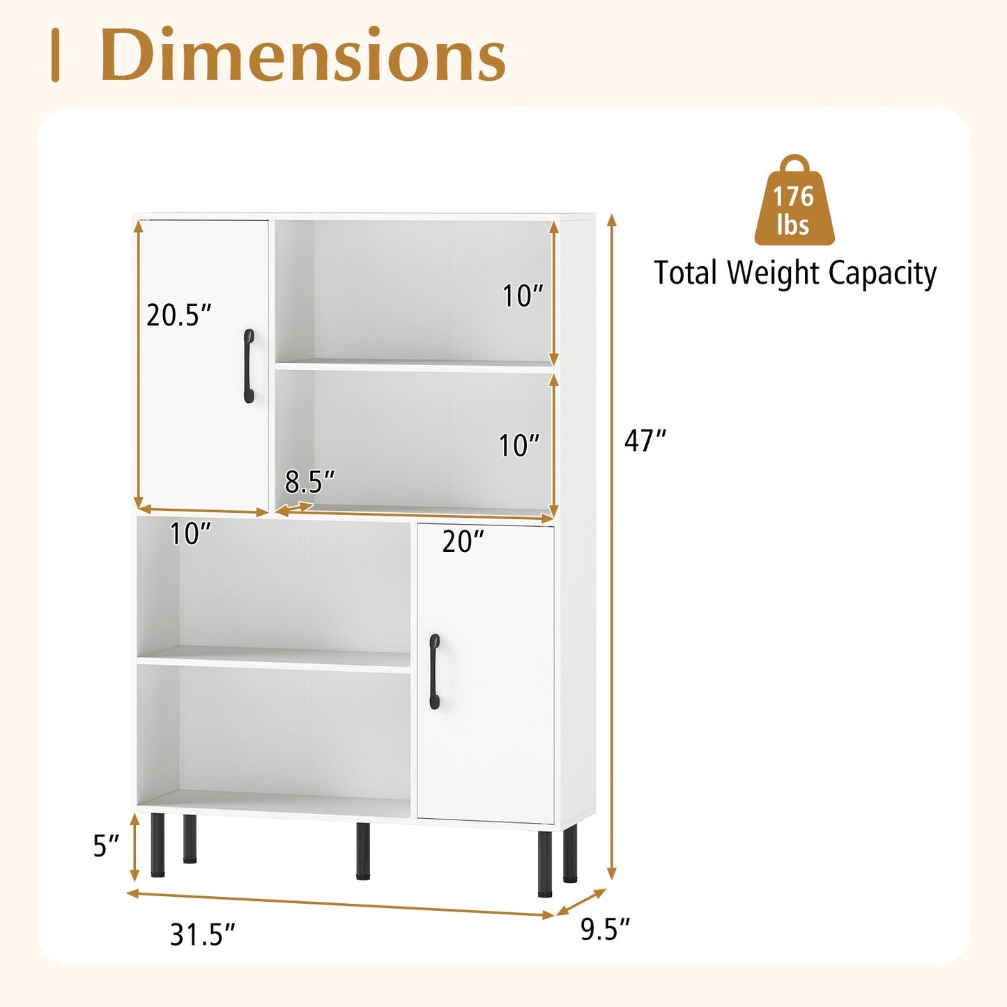 47 Inch Storage Cabinet Freestanding Bookcase with 2 Doors and 4 Open Shelves