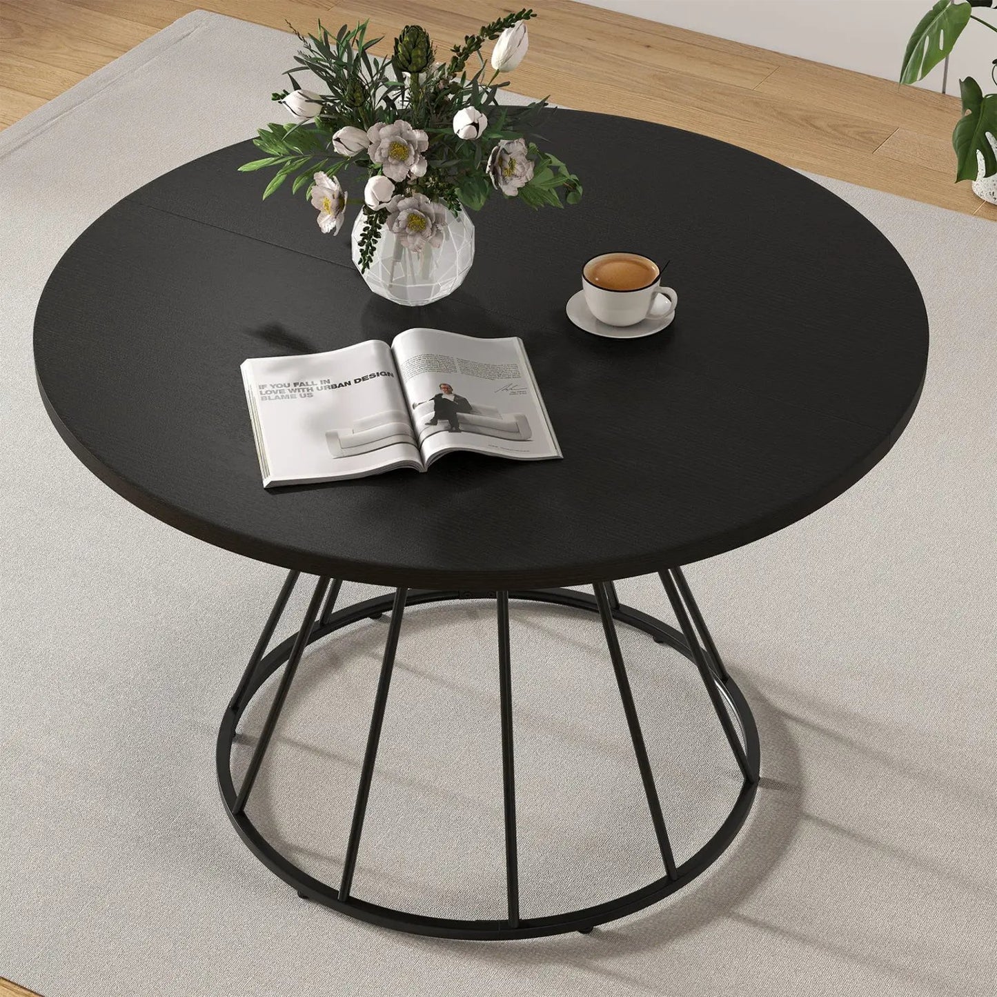 Round Dining Table for 4, Farmhouse Wooden Top