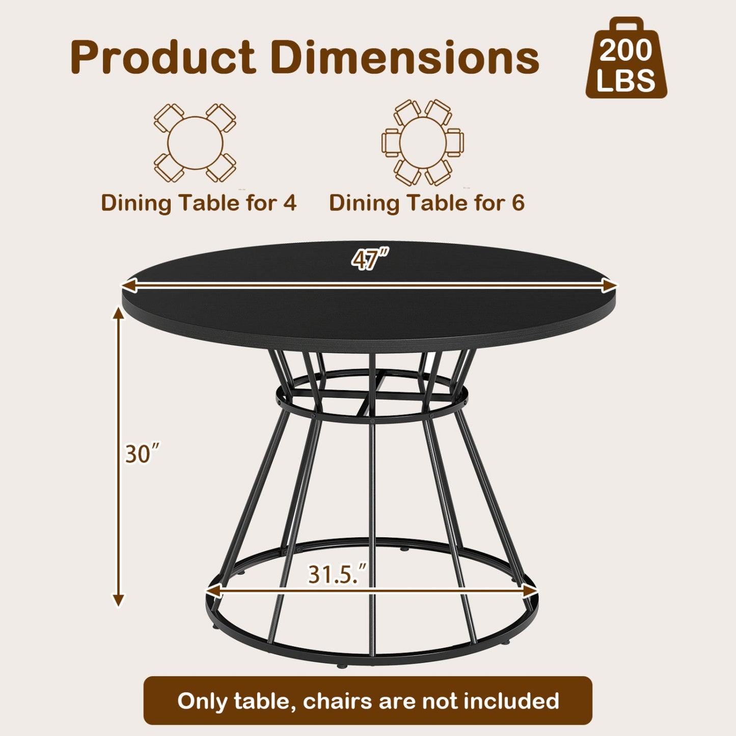Round Dining Table for 4, Farmhouse Wooden Top
