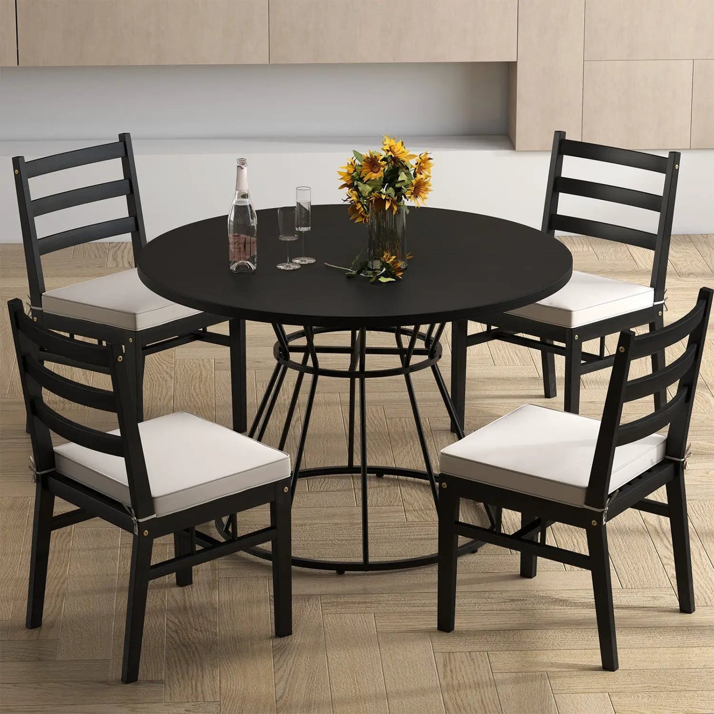 Round Dining Table for 4, Farmhouse Wooden Top