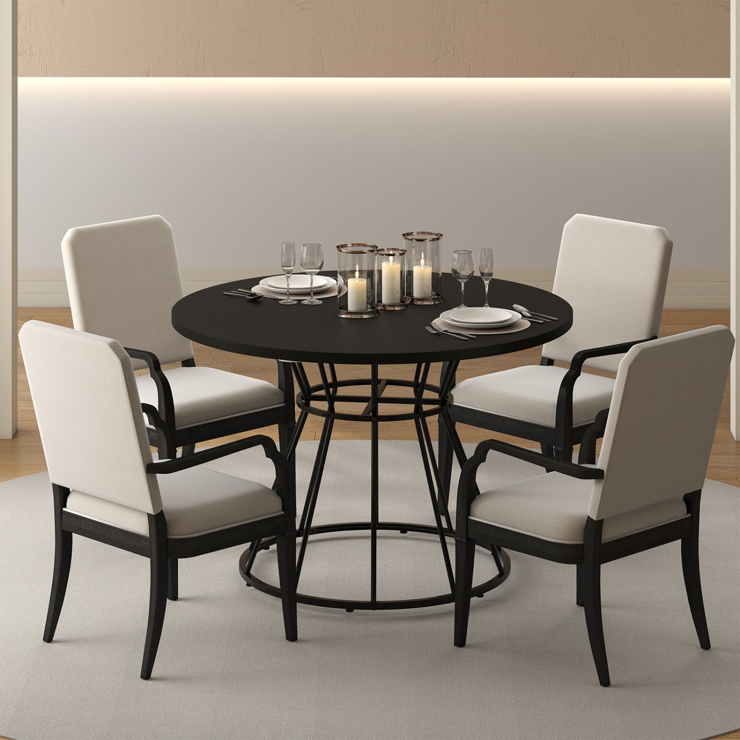 Round Dining Table for 4, Farmhouse Wooden Top