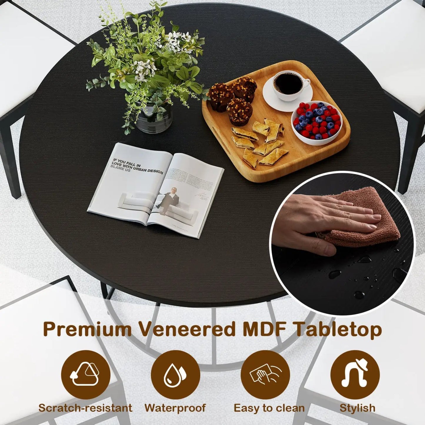 Round Dining Table for 4, Farmhouse Wooden Top