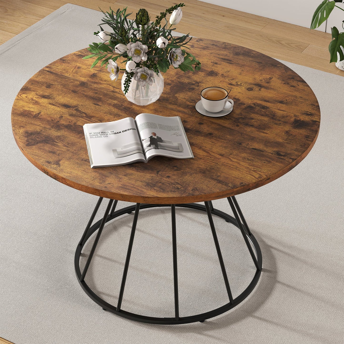 Round Dining Table for 4, Farmhouse Wooden Top