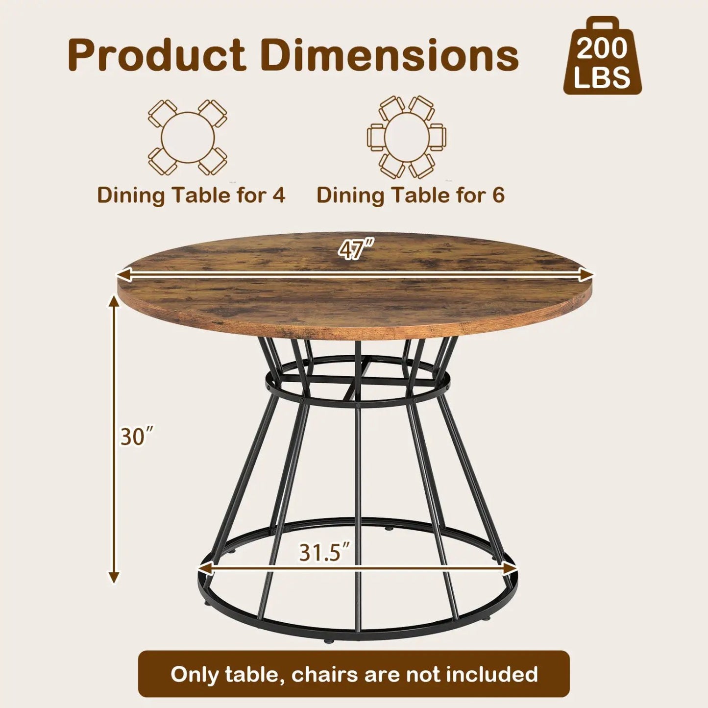 Round Dining Table for 4, Farmhouse Wooden Top