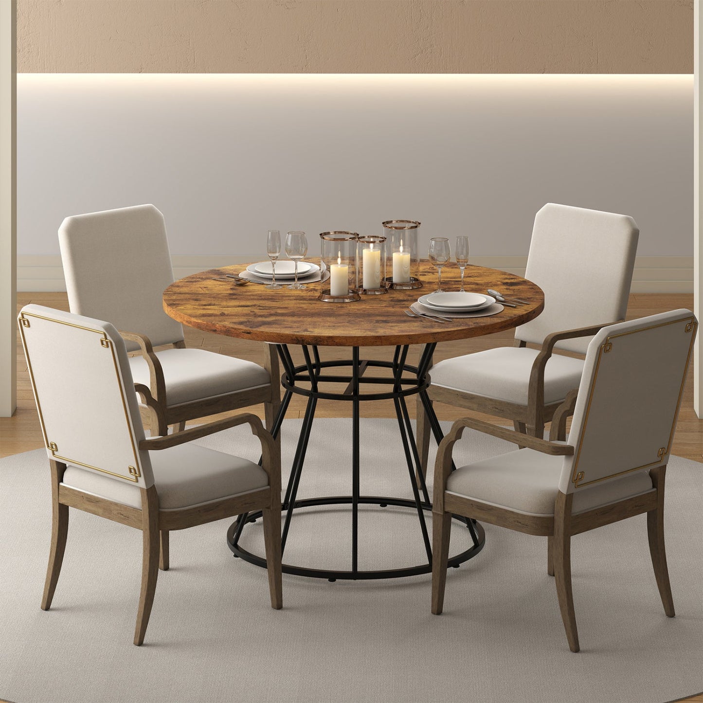 Round Dining Table for 4, Farmhouse Wooden Top