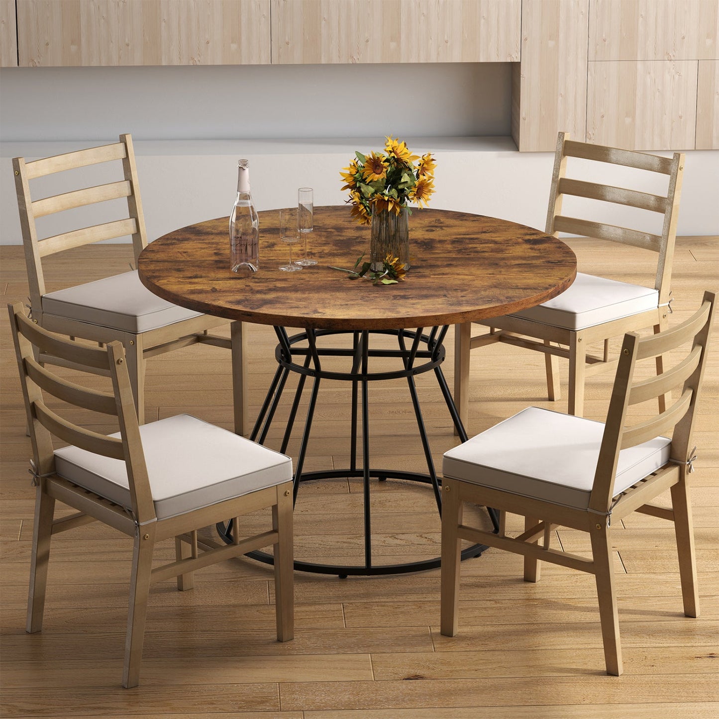Round Dining Table for 4, Farmhouse Wooden Top