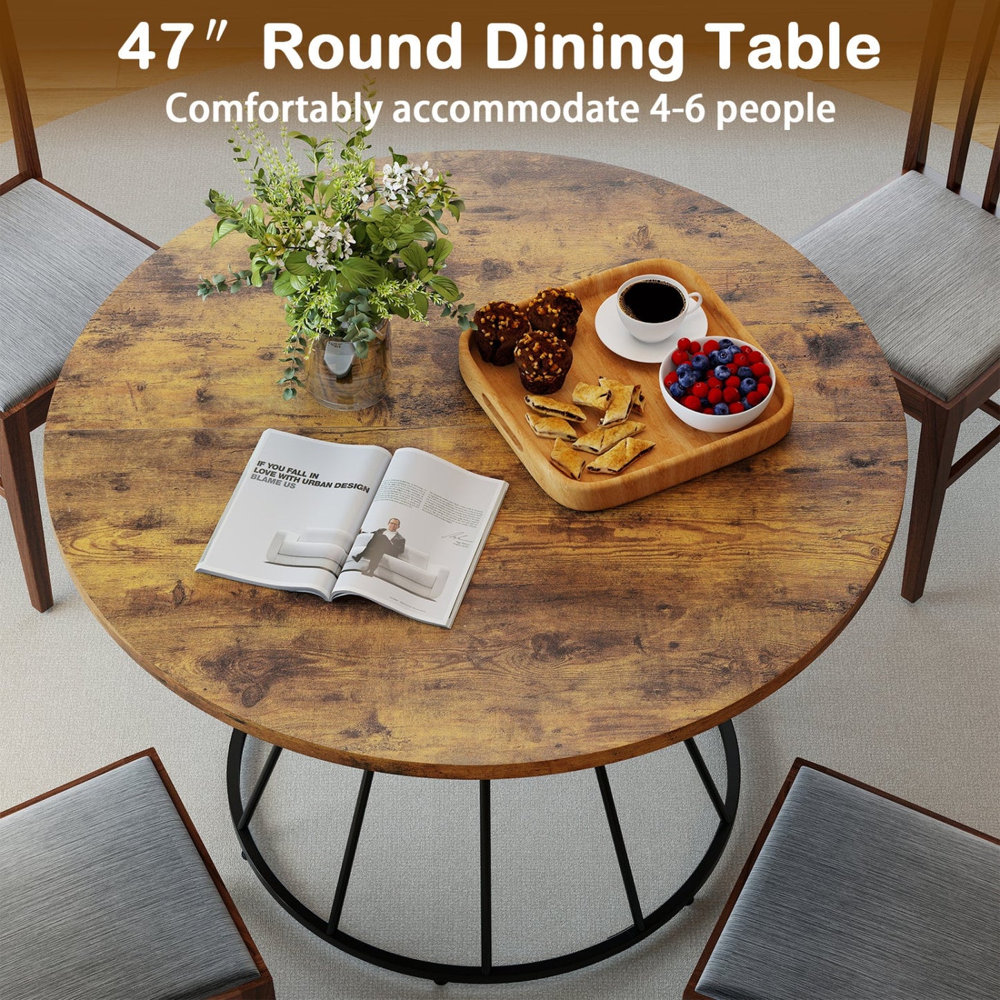 Round Dining Table for 4, Farmhouse Wooden Top