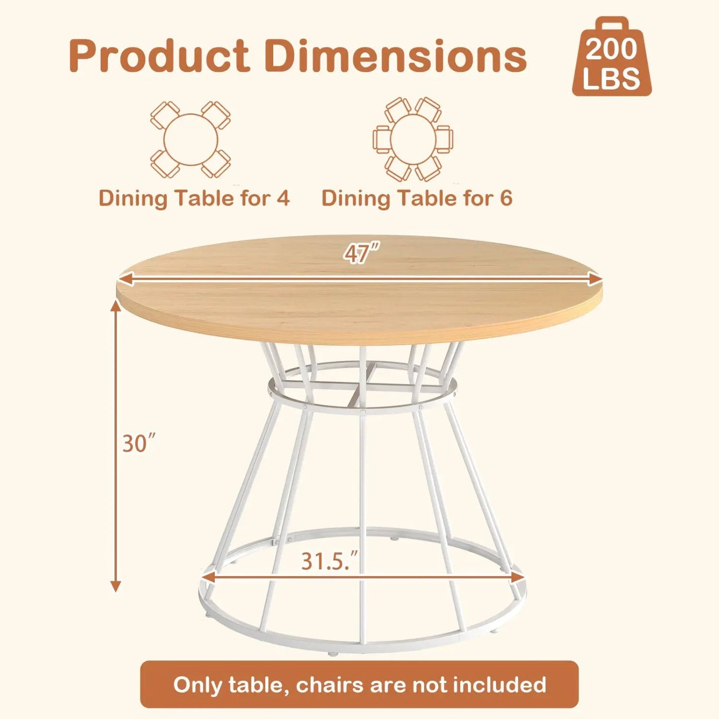 Round Dining Table for 4, Farmhouse Wooden Top
