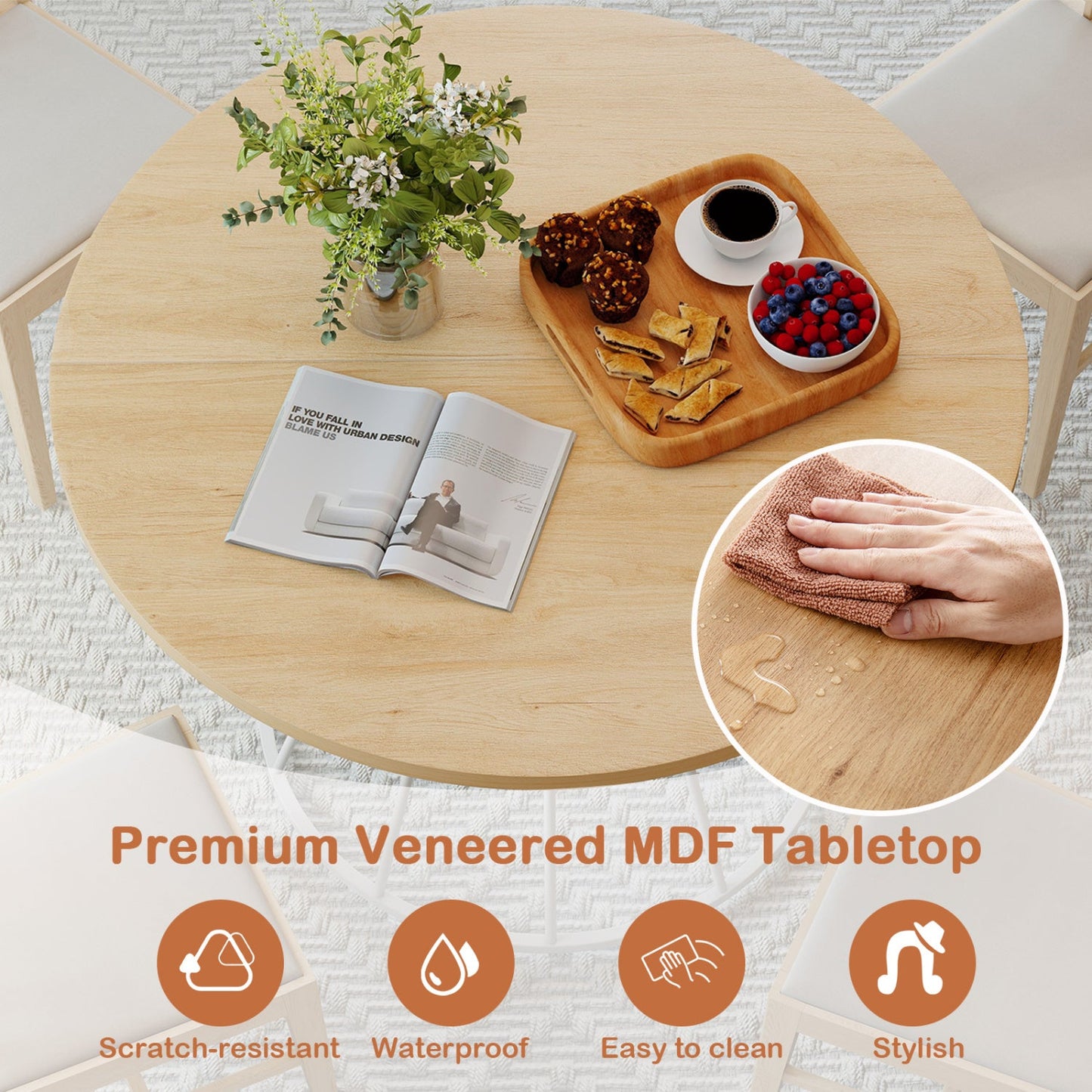 Round Dining Table for 4, Farmhouse Wooden Top