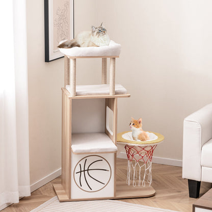 47 Inches Wooden Cat Tree with 2-Story Cat Condo and Basketball Hoop Hammock-Natural