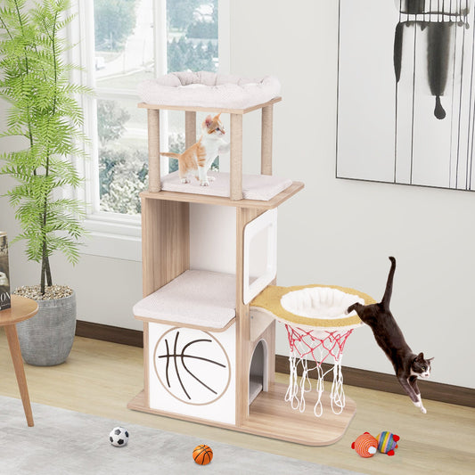 47 Inches Wooden Cat Tree with 2-Story Cat Condo and Basketball Hoop Hammock-Natural - Tampa Home & Garden Store