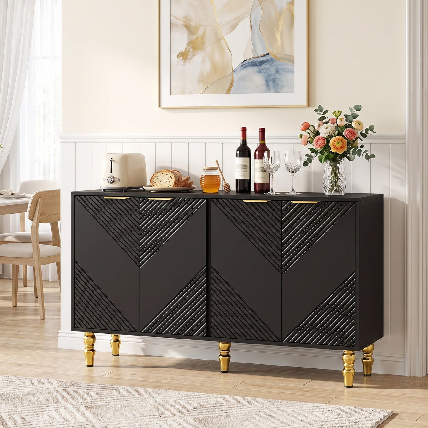 DirectDeals 47in Sideboard Buffet Cabinet chevron fluted doors, black finish, gold legs on Tampa Home & Garden Store