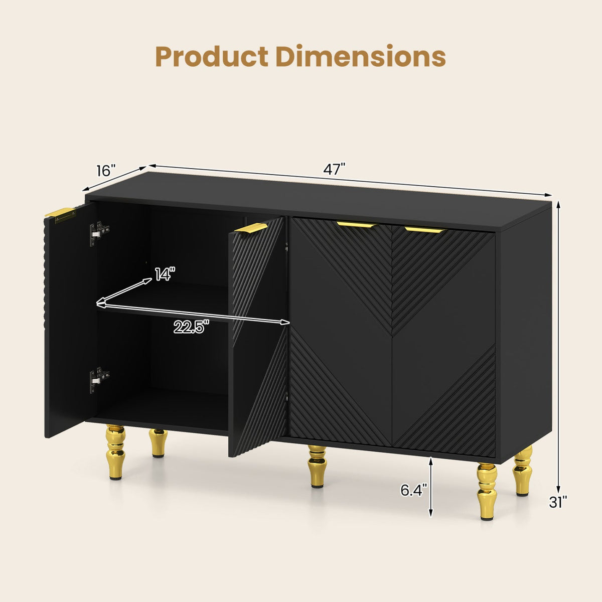 Sideboard cabinet 47in DirectDeals with chevron fluted doors black finish gold hardware and legs on Tampa Home & Garden Store