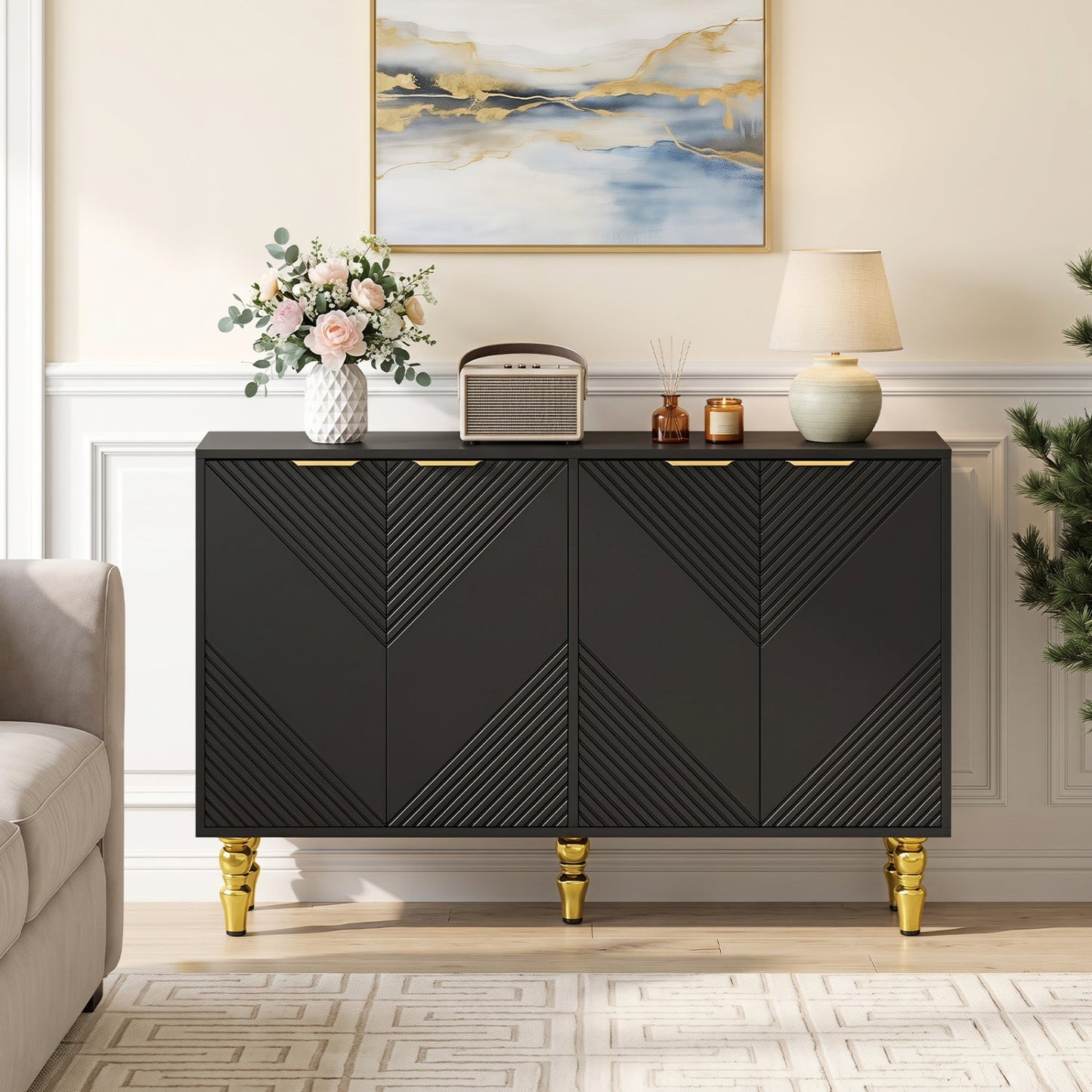 47in Sideboard Buffet Cabinet with Chevron Fluted Doors black, gold legs, DirectDeals on Tampa Home & Garden Store