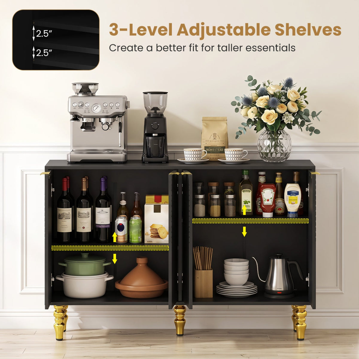 DirectDeals 47in black sideboard cabinet with chevron fluted doors and open bottle shelves on Tampa Home & Garden Store