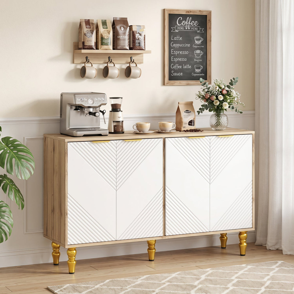 47-inch sideboard buffet cabinet with chevron-fluted doors wood frame, gold legs coffee bar setup on Tampa Home & Garden Store